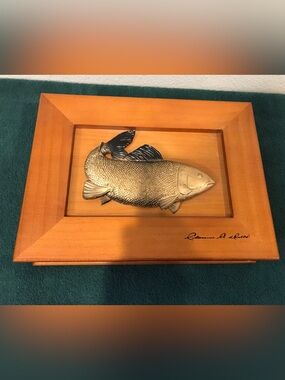 Clarence A Wells Wooden Box with Salmon Detail